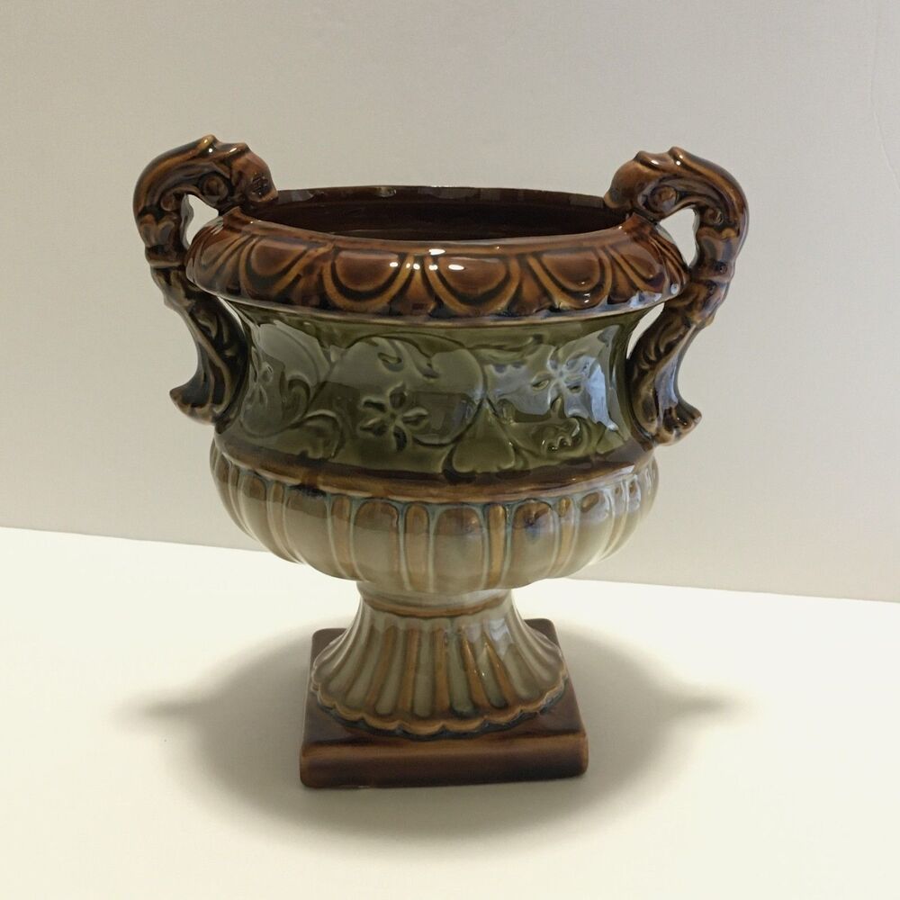 Vintage Hosley Potteries Green & Brown Pedestal Vase